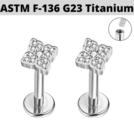 G23 Titanium Internally Threaded CZ Paved Clover Labret