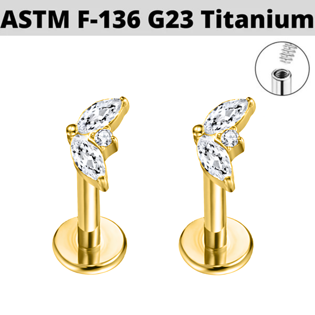 G23 Gold PVD Titanium Internally Threaded 2 Marquise CZ Fan Tragus Labret