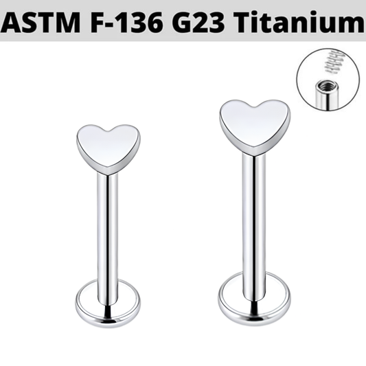 G23 Titanium Heart Internally Threaded Tragus Labret