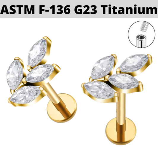 G23 Gold PVD Titanium Internally Threaded Marquise CZ Leaf Labret