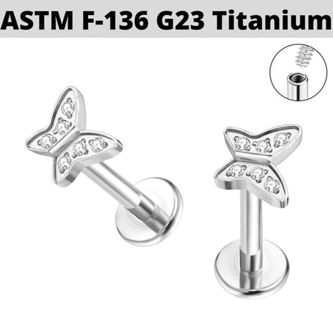 G23 Titanium Internally Threaded Paved CZ Butterfly Labret