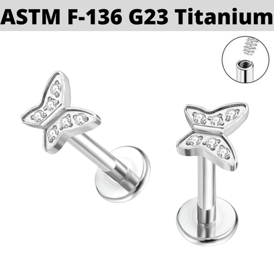 G23 Titanium Internally Threaded Paved CZ Butterfly Labret