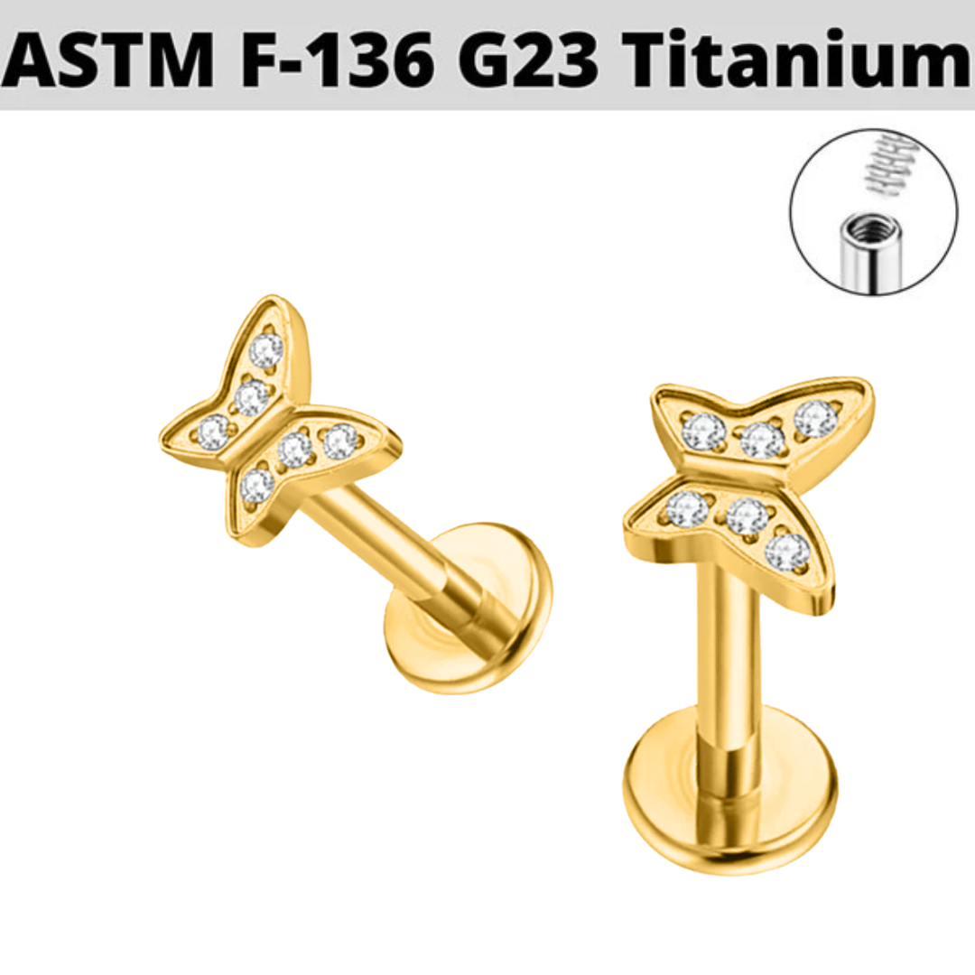 G23 Gold PVD Titanium Internally Threaded Paved CZ Butterfly Labret