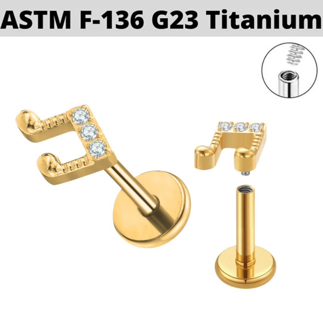 G23 Gold PVD Titanium Internally Threaded CZ Music Note Labret