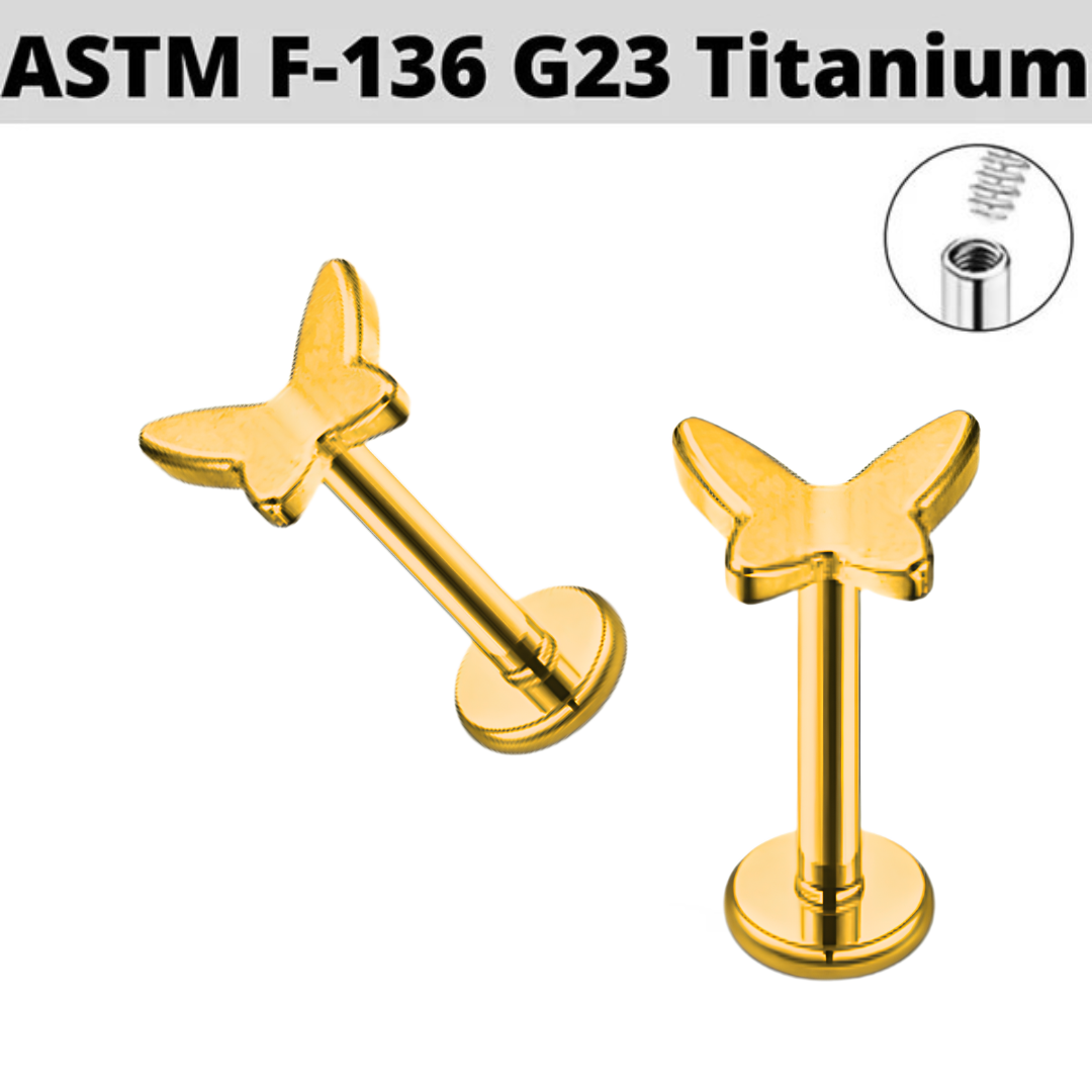 G23 Gold PVD Titanium Internally Threaded 3D Butterfly Labret