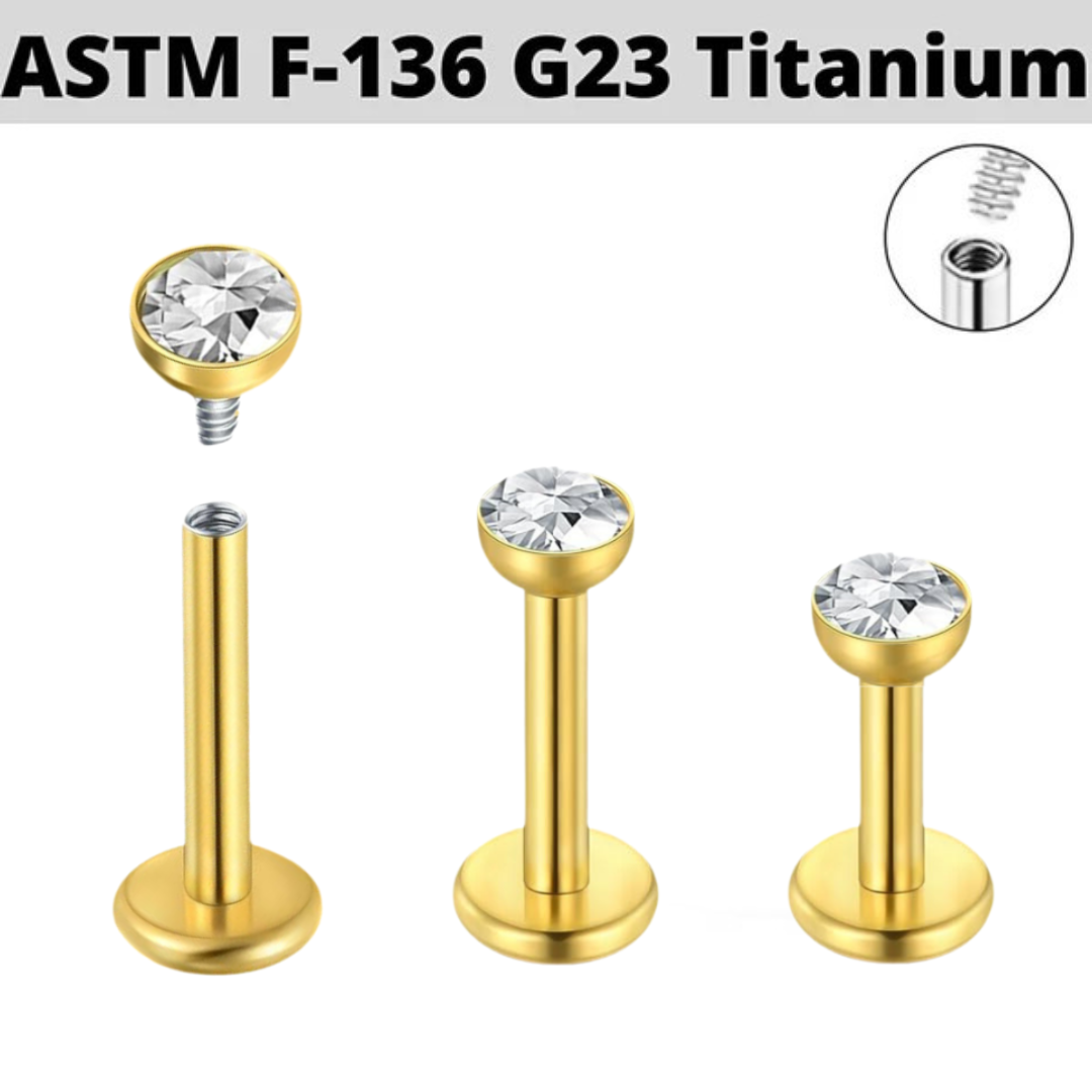 G23 Gold PVD Titanium Internally Threaded Flat CZ Tragus Labret