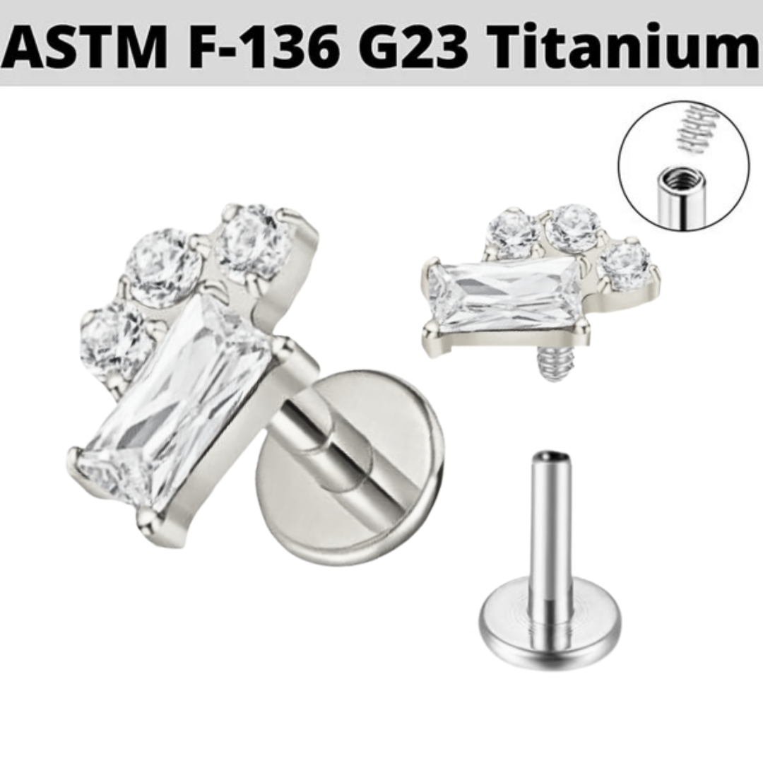 G23 Titanium Internally Threaded Baguette Triple CZ Labret
