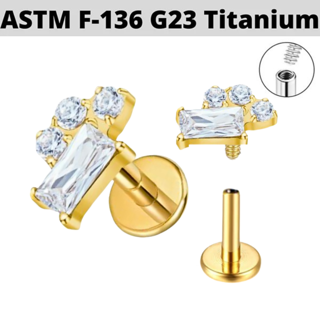 G23 Gold PVD Titanium Internally Threaded Baguette Triple CZ Labret