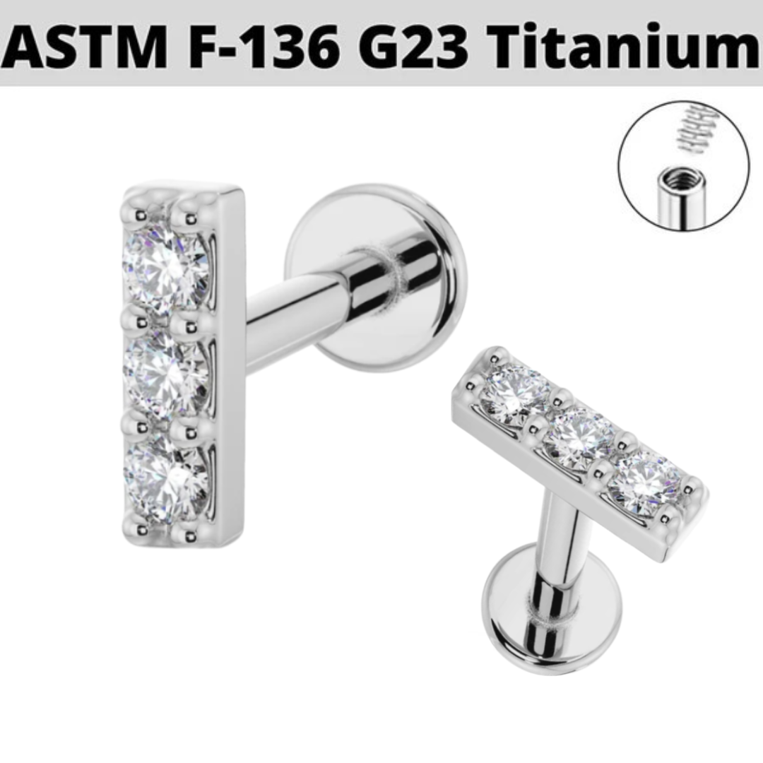 G23 Titanium Internally Threaded Triple CZ Bar Labret