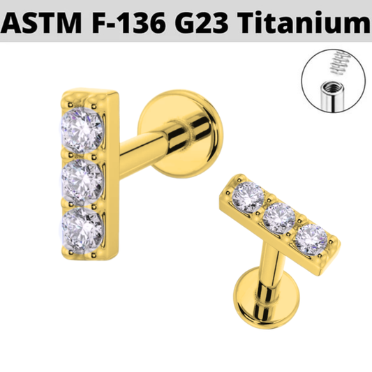 G23 Gold PVD Titanium Internally Threaded Triple CZ Bar Labret