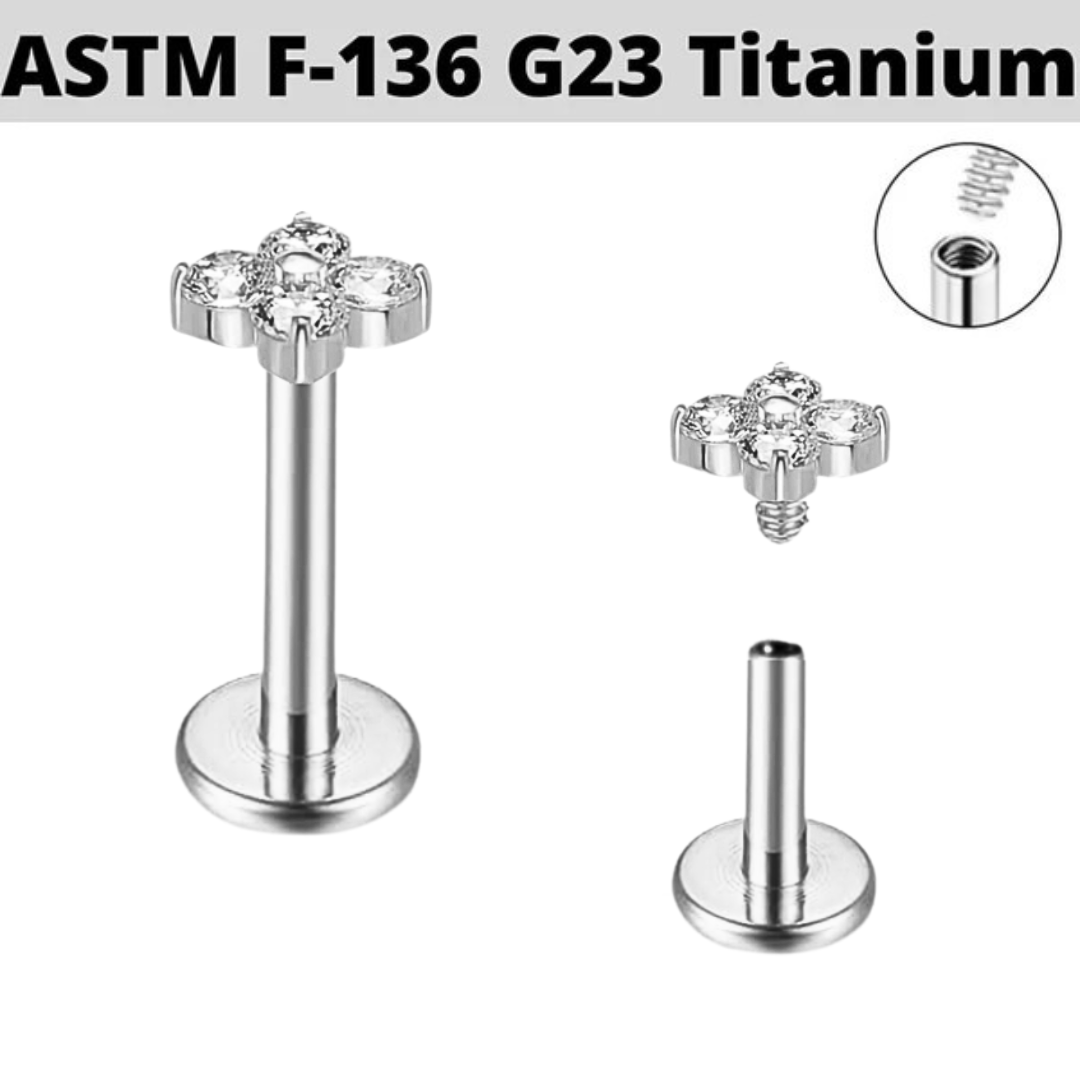 G23 Titanium Internally Threaded Micro CZ Clover Leaf Labret