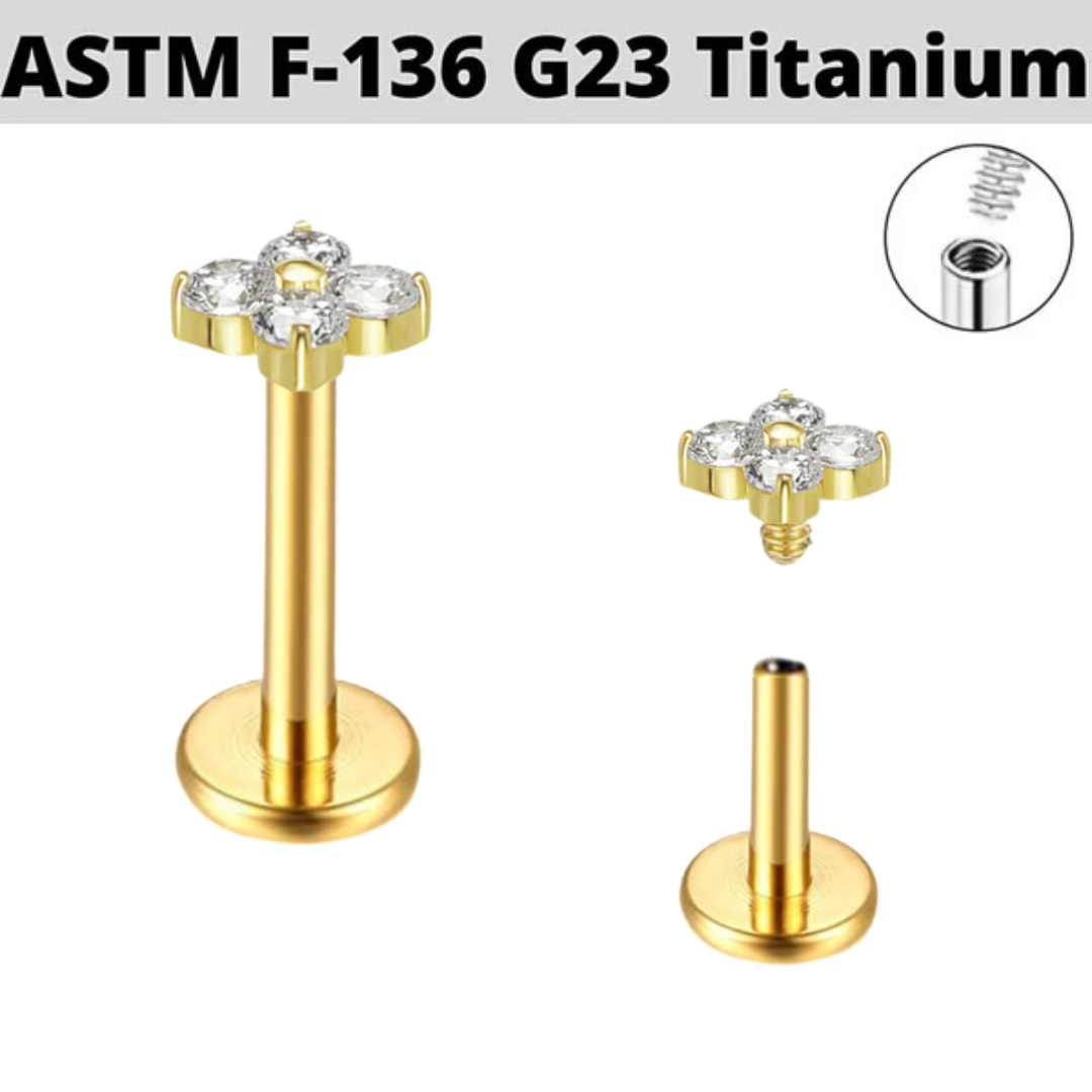 G23 Gold PVD Titanium Internally Threaded Micro CZ Clover Leaf Labret