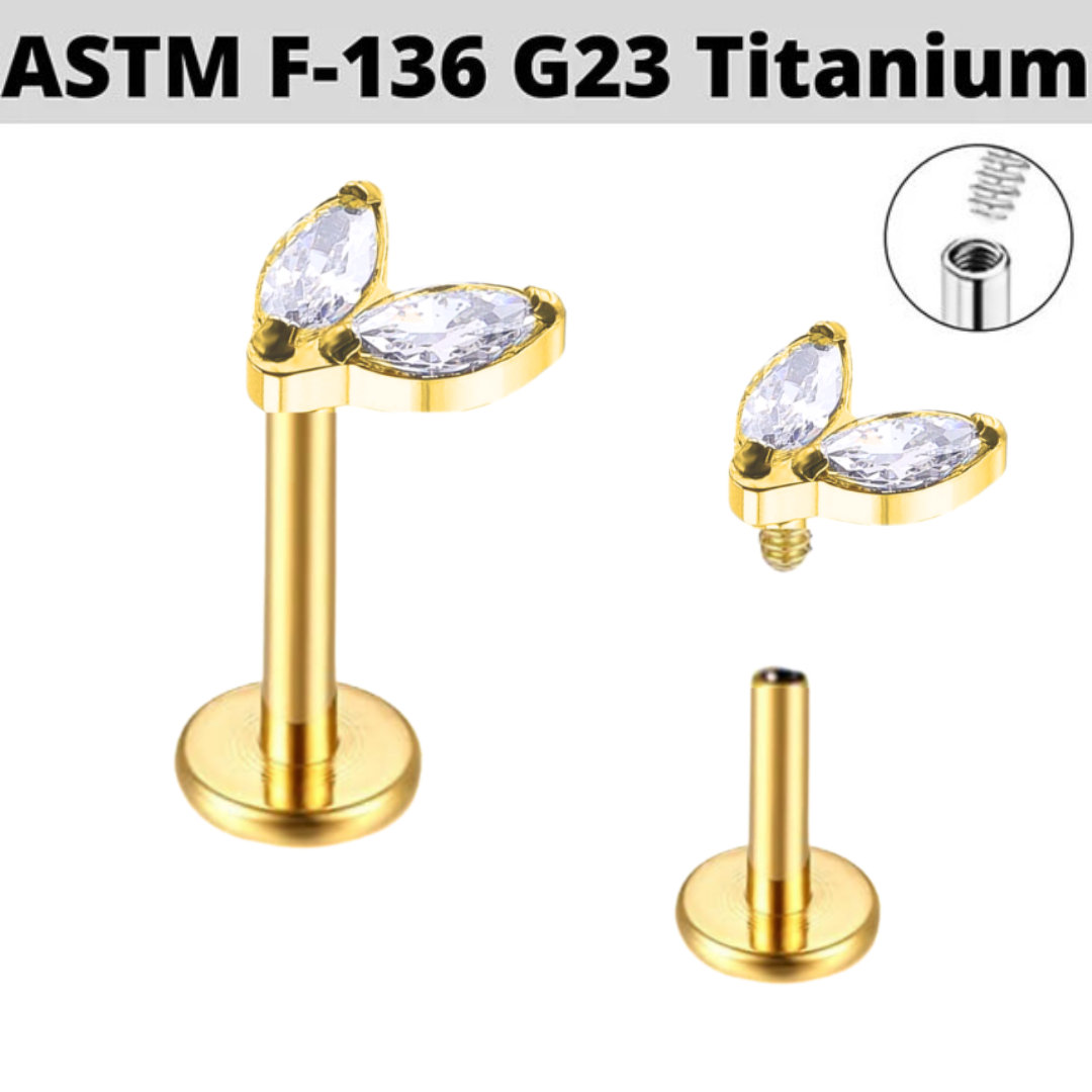 G23 Gold PVD Titanium Internally Threaded Double Marquise CZ Labret