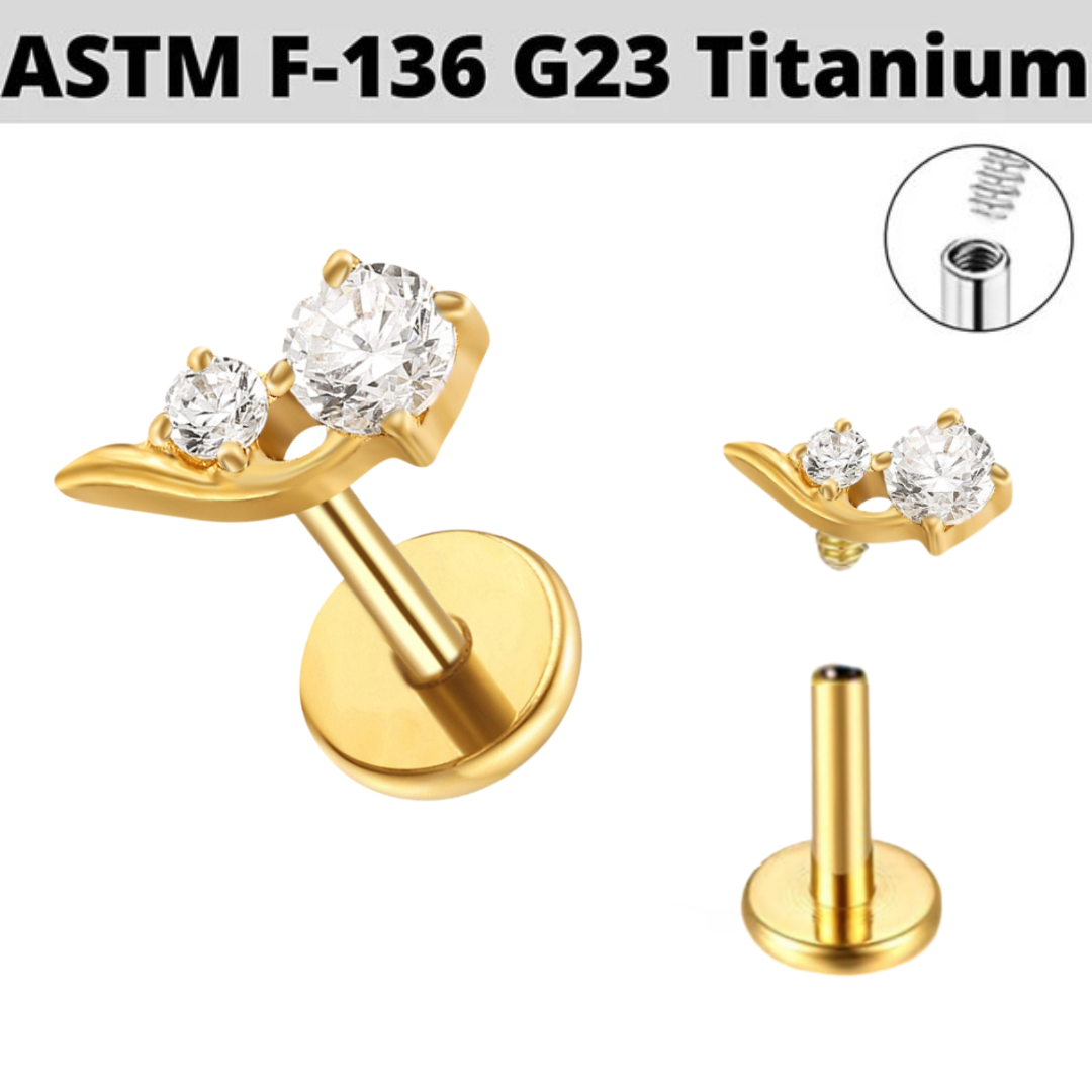G23 Gold PVD Titanium Internally Threaded 2 CZ Floral Labret