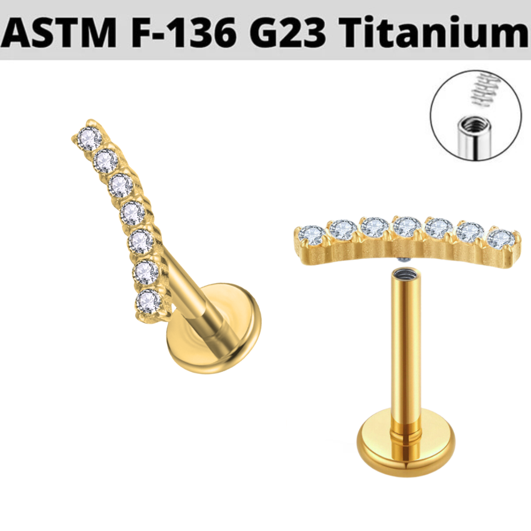 G23 Gold PVD Titanium Internally Threaded Bezel Set 7 CZ Cluster Labret