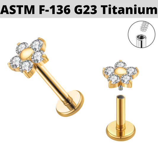 G23 Gold PVD Titanium Internally Threaded 5 CZ Petal Flower Labret