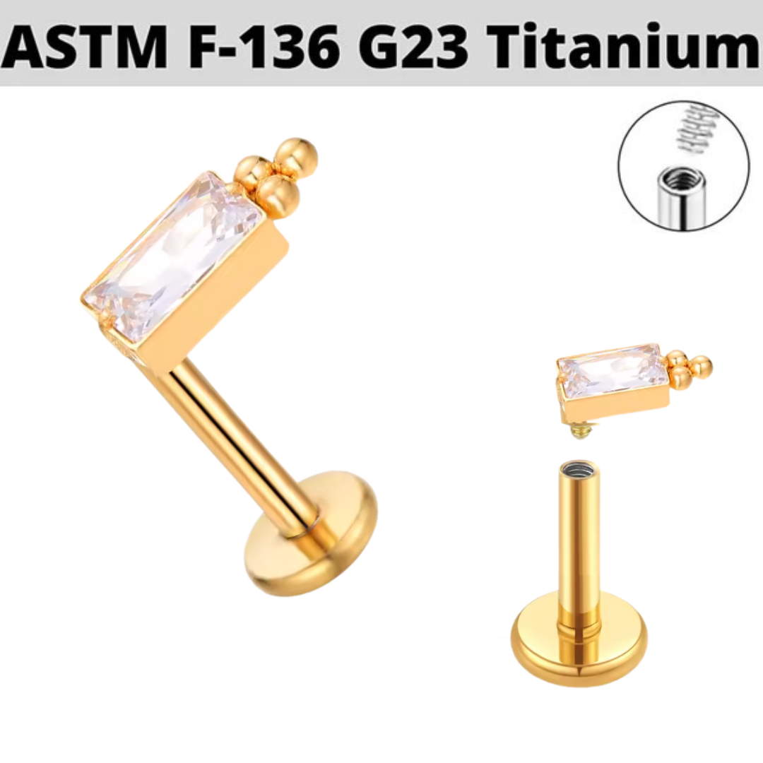 G23 Gold PVD Titanium Internally Threaded Beaded Baguette CZ Labret
