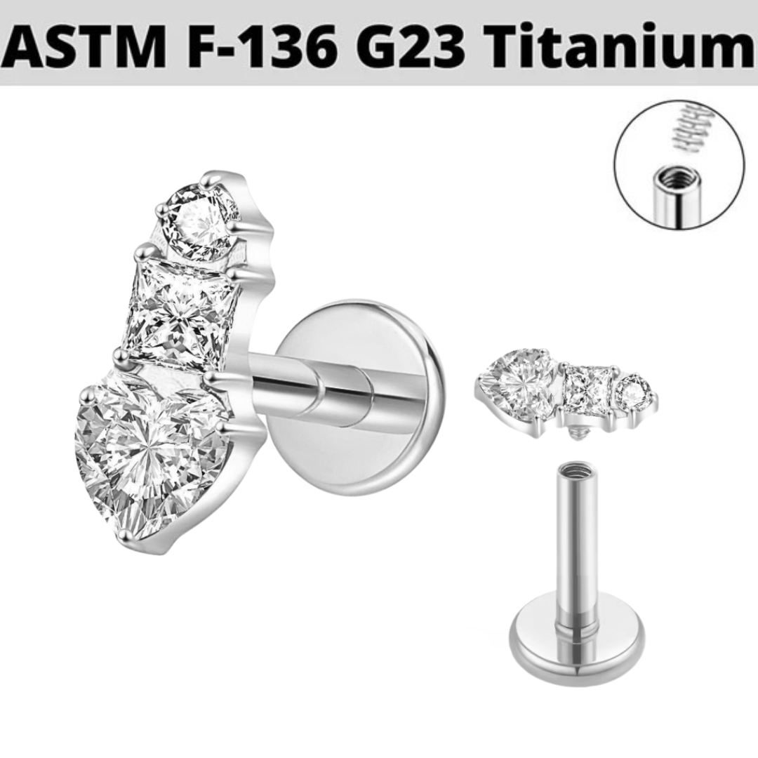 G23 Titanium Internally Threaded Heart Princess CZ Trio Labret