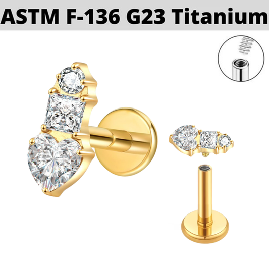 G23 Gold PVD Titanium Internally Threaded Heart Princess CZ Trio Labret
