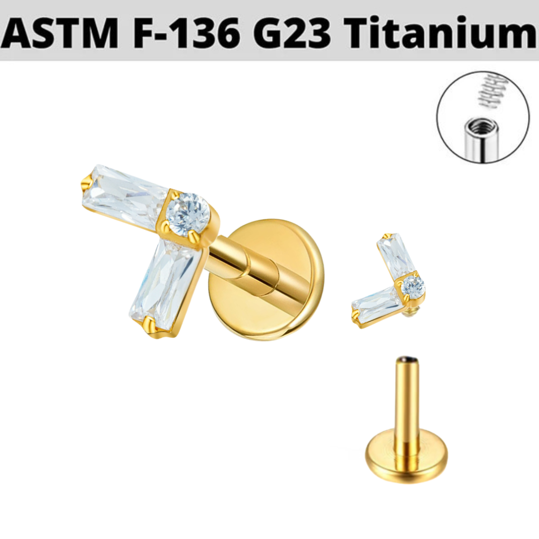 G23 Gold PVD Titanium Internally Threaded Chevron Baguette CZ Tragus Labret