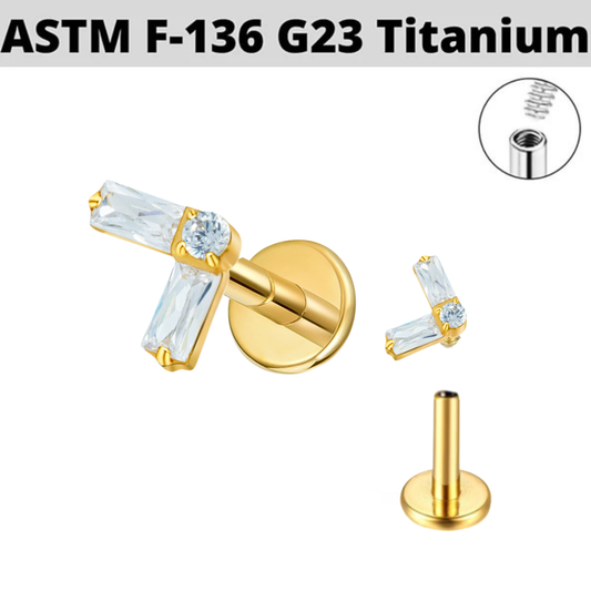 G23 Gold PVD Titanium Internally Threaded Chevron Baguette CZ Tragus Labret