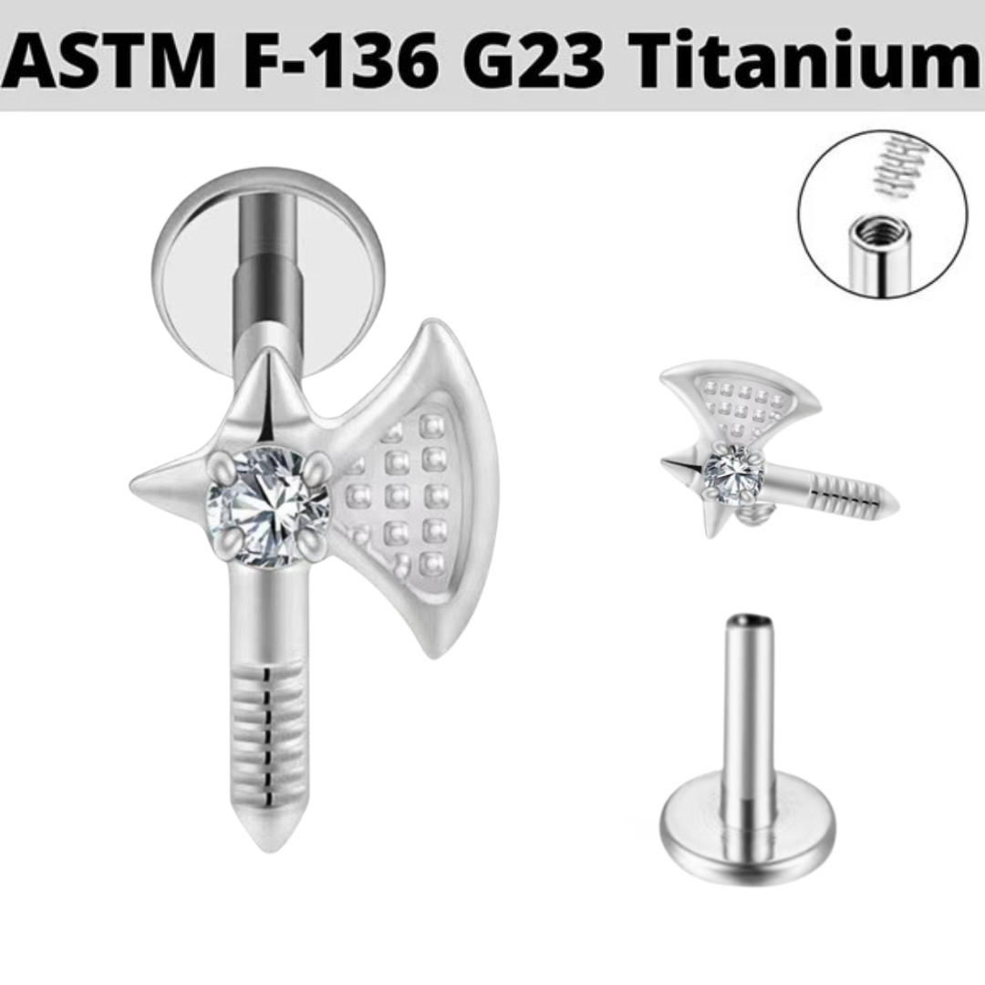 G23 Titanium Internally Threaded CZ Medieval Axe Labret