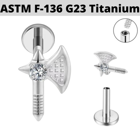 G23 Titanium Internally Threaded CZ Medieval Axe Labret