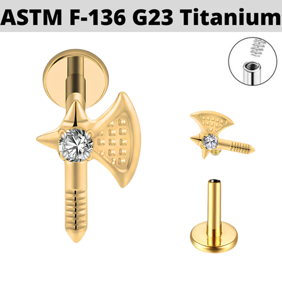 G23 Gold PVD Titanium Internally Threaded CZ Medieval Axe Labret