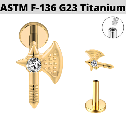 G23 Gold PVD Titanium Internally Threaded CZ Medieval Axe Labret