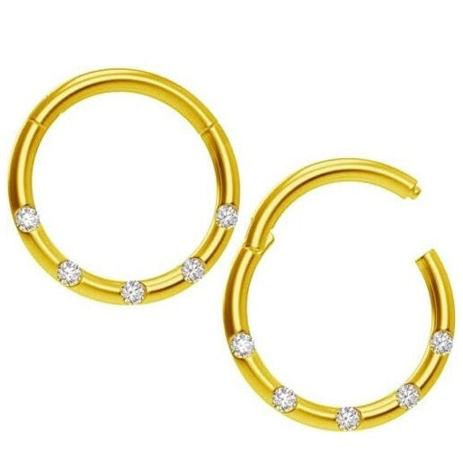 Gold Steel 5 CZ Ion Plated Hinged Clicker Segment Ring