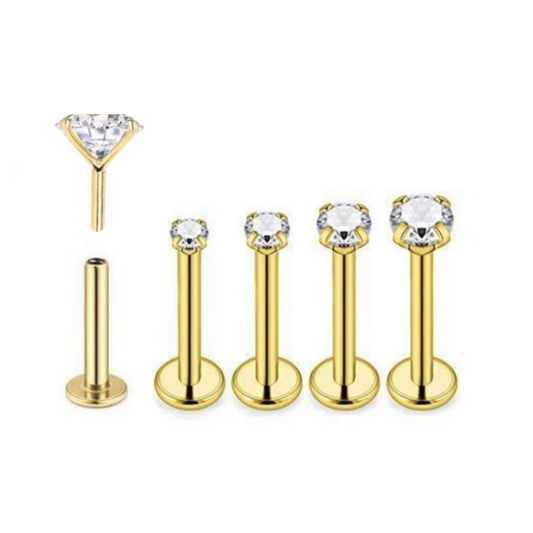 16G Gold Ion Plated Threadless Push In CZ Prong Set Tragus Labret