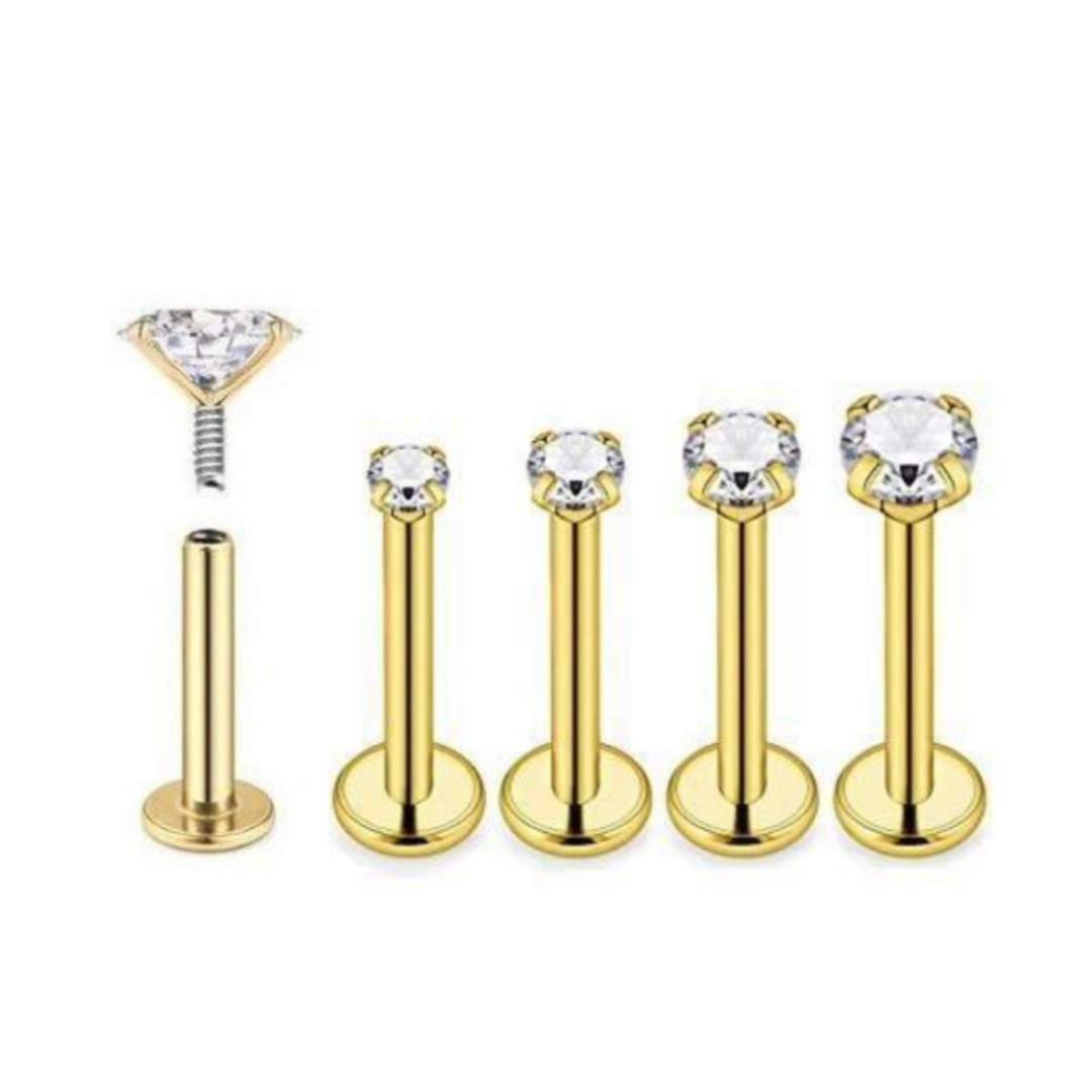 18G Gold Steel Internally Threaded CZ Prong Set Ion Plated Labret