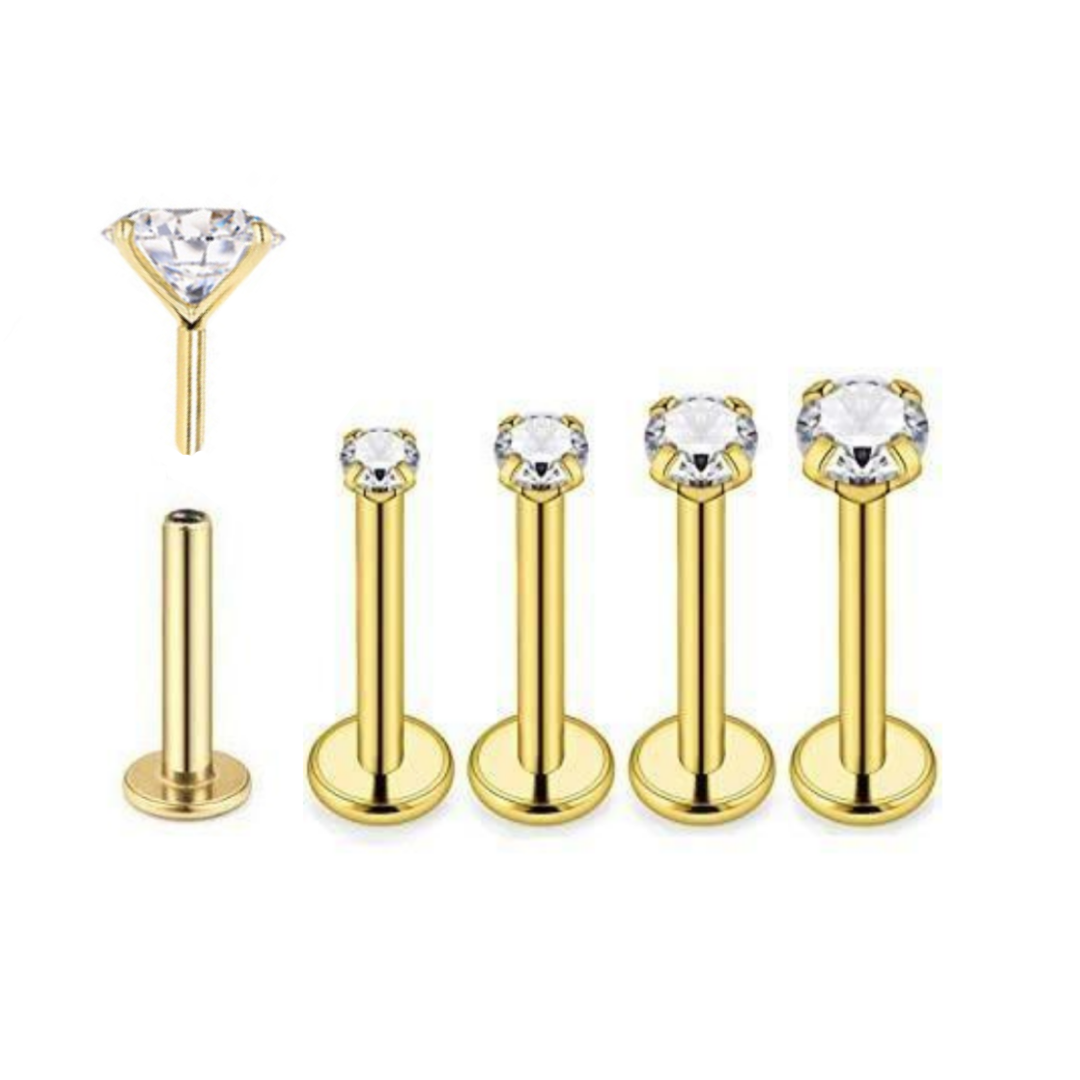 20G Gold Ion Plated Threadless Push CZ Prong Set Tragus Labret