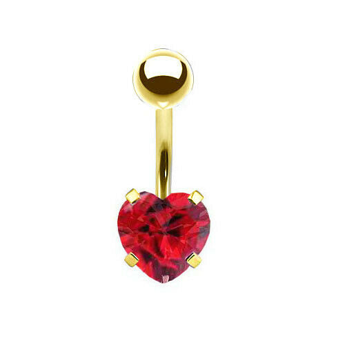 Gold Steel Prong Set Ruby Heart CZ Ion Plated Belly Ring