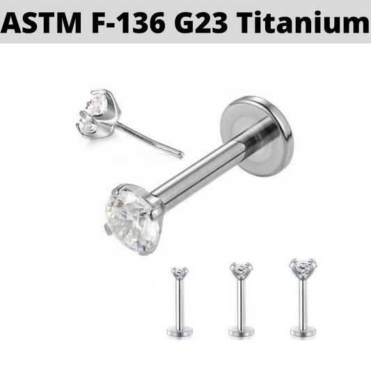 G23 Titanium Prong Set CZ Threadless Push Click Pin Labret