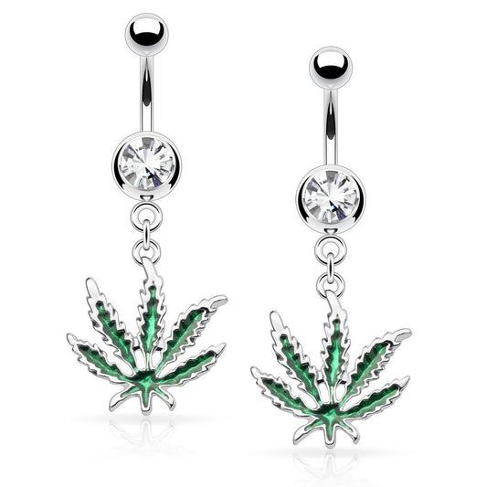 Enamel Pot Leaf CZ Dangle Belly Ring