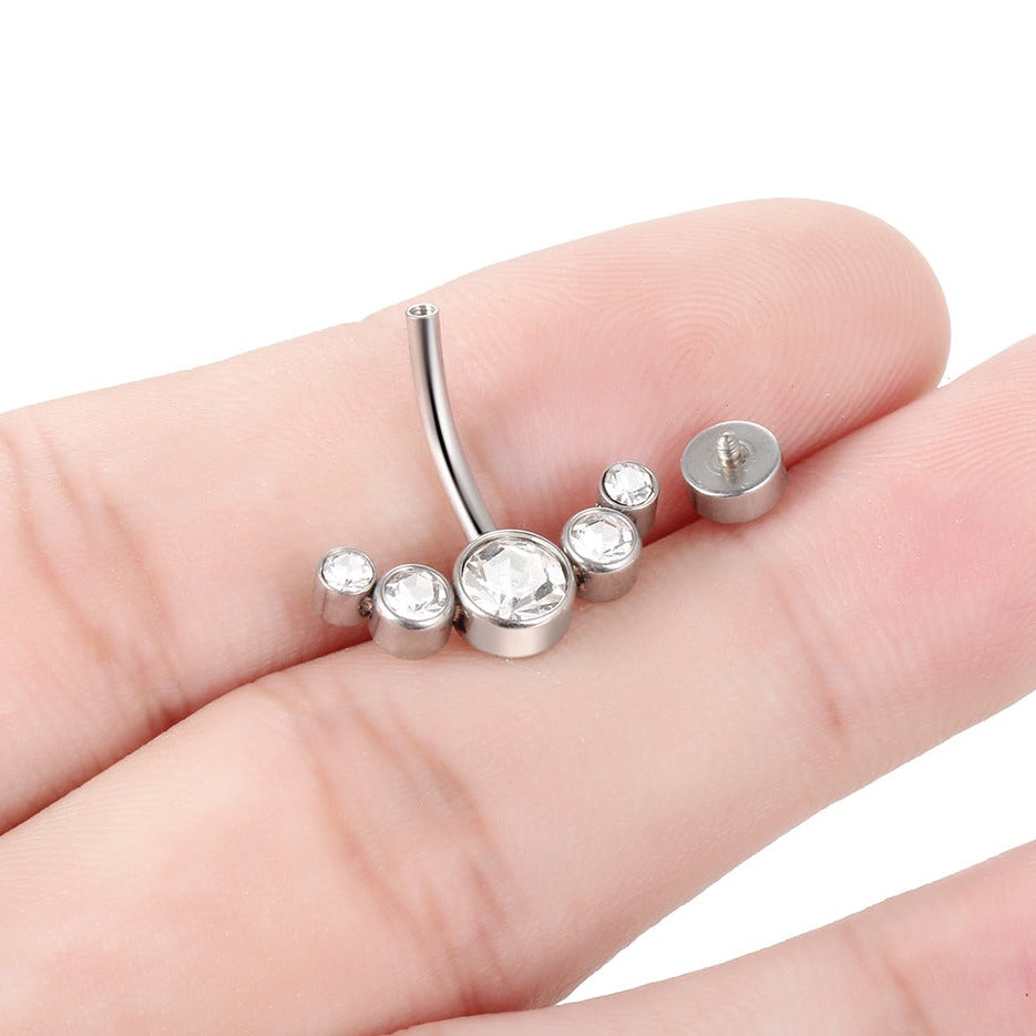 Internally Threaded Steel 5 CZ Cluster Belly Ring