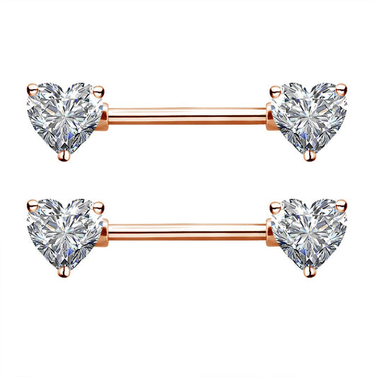 Rose Gold Ion Plated Prong Set Heart CZ Nipple Barbell