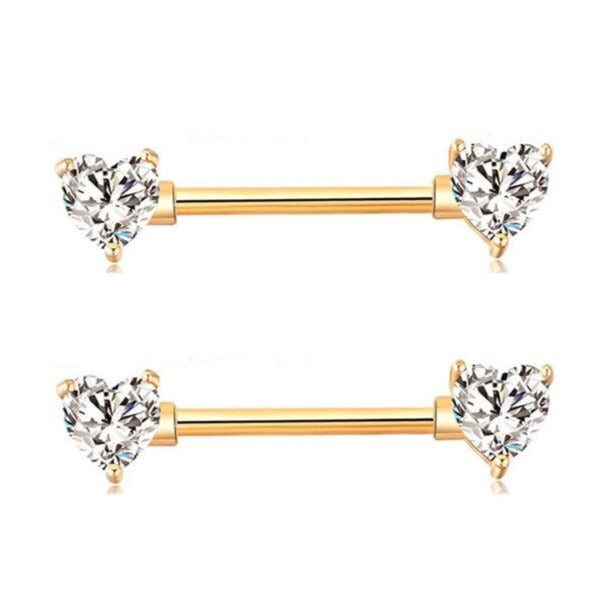 Gold Ion Plated Prong Set Heart CZ Nipple Barbell