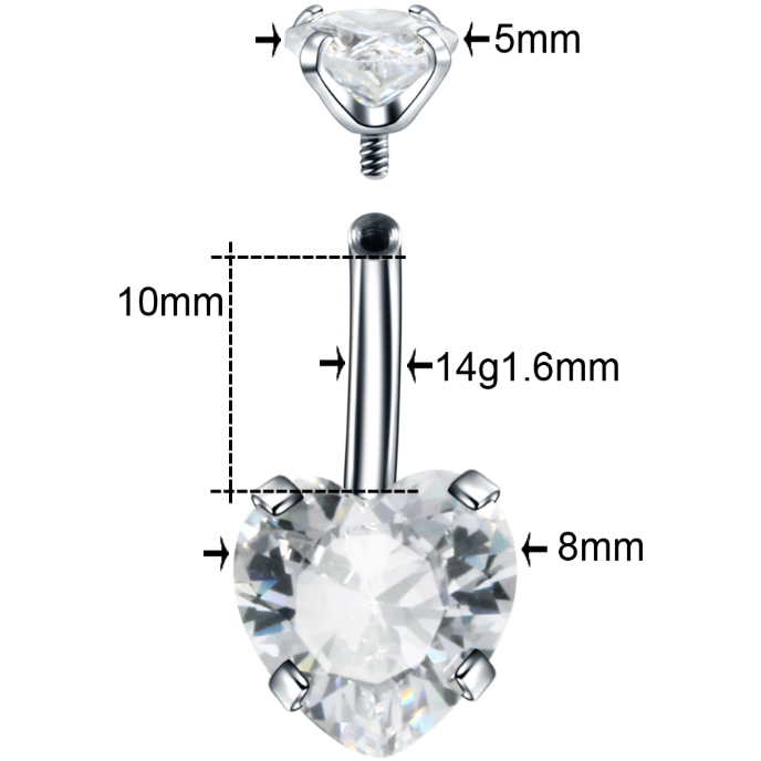 Internally Threaded Prong Set Double Heart CZ Belly Ring