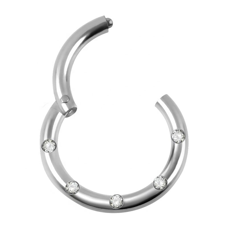 Steel 5-Gem Hinged Segment Clicker Ring