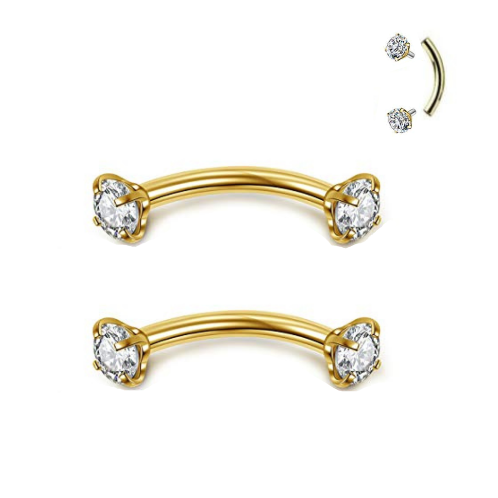 Internally Threaded Gold Prong Set Double CZ Ion Plated Curved Barbell