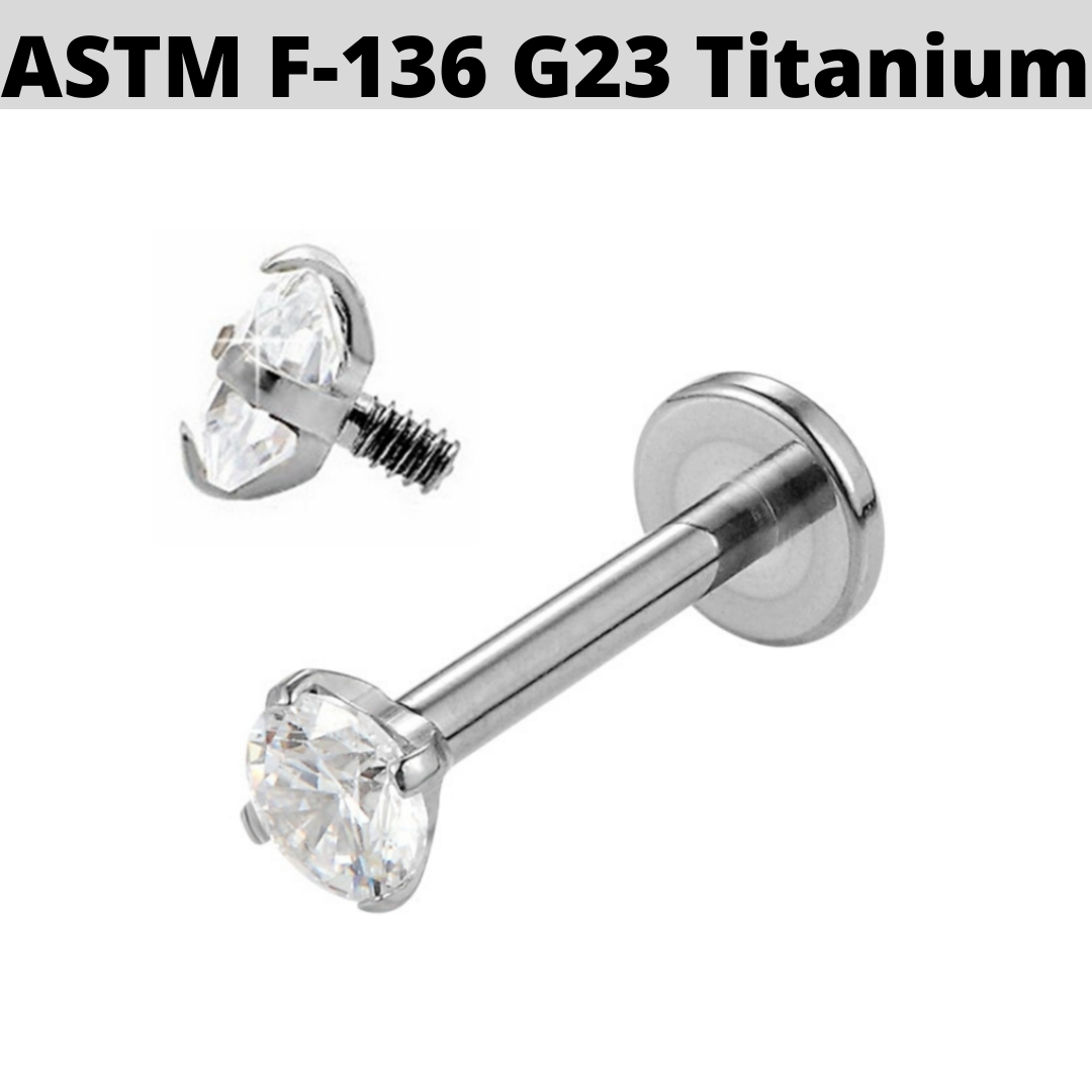 G23 Titanium Internally Threaded CZ Prong Set Tragus Labret