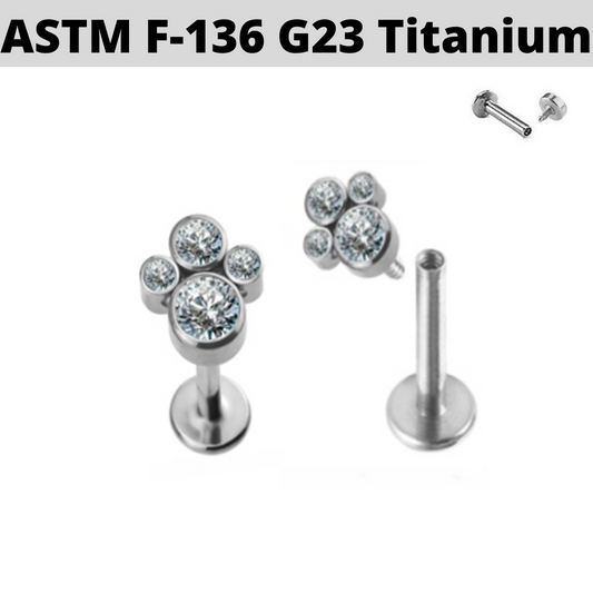 G23 Titanium Internally Threaded Paw CZ Cluster Tragus Labret