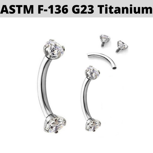 G23 Titanium Internally Threaded Prong Set Double CZ Eyebrow Ring