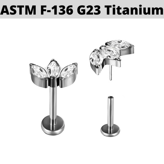 G23 Titanium Threadless Push In Bezel Set 3 Marquise Fan CZ Tragus Labret