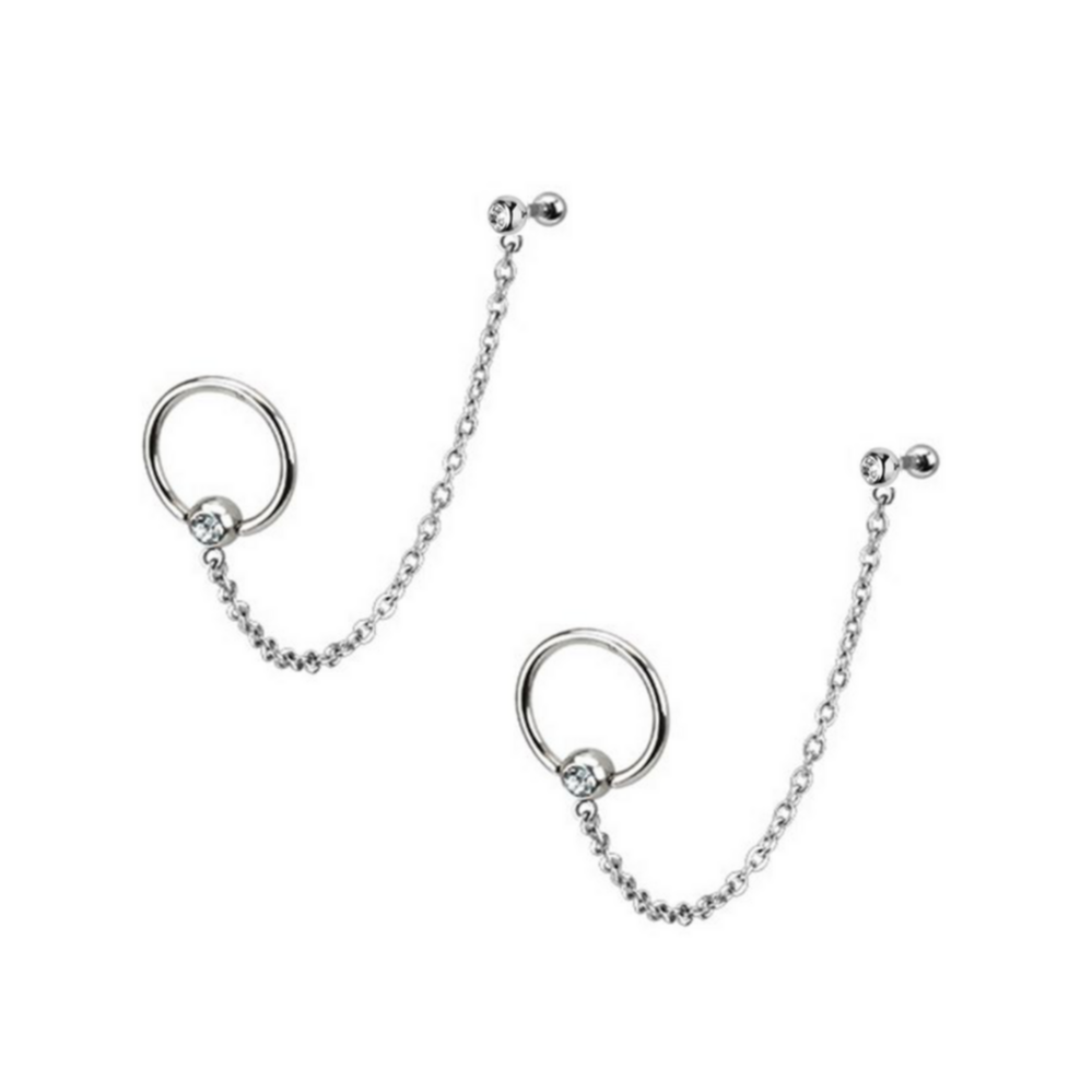 Steel CZ Captive Ring Chain Linked Cartilage Barbell