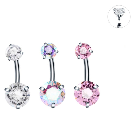 Internally Threaded 3 Prong Set Double CZ Belly Ring