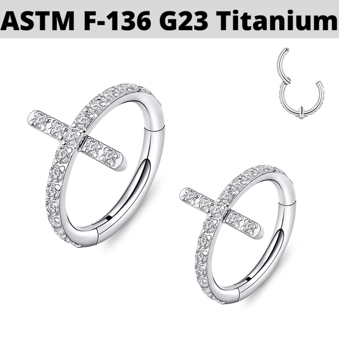 G23 Titanium Paved CZ Cross Hinged Segment Clicker Ring