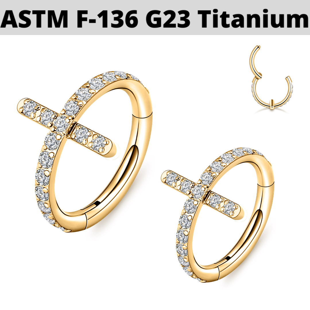 G23 PVD Titanium Paved CZ Cross Hinged Segment Clicker Ring